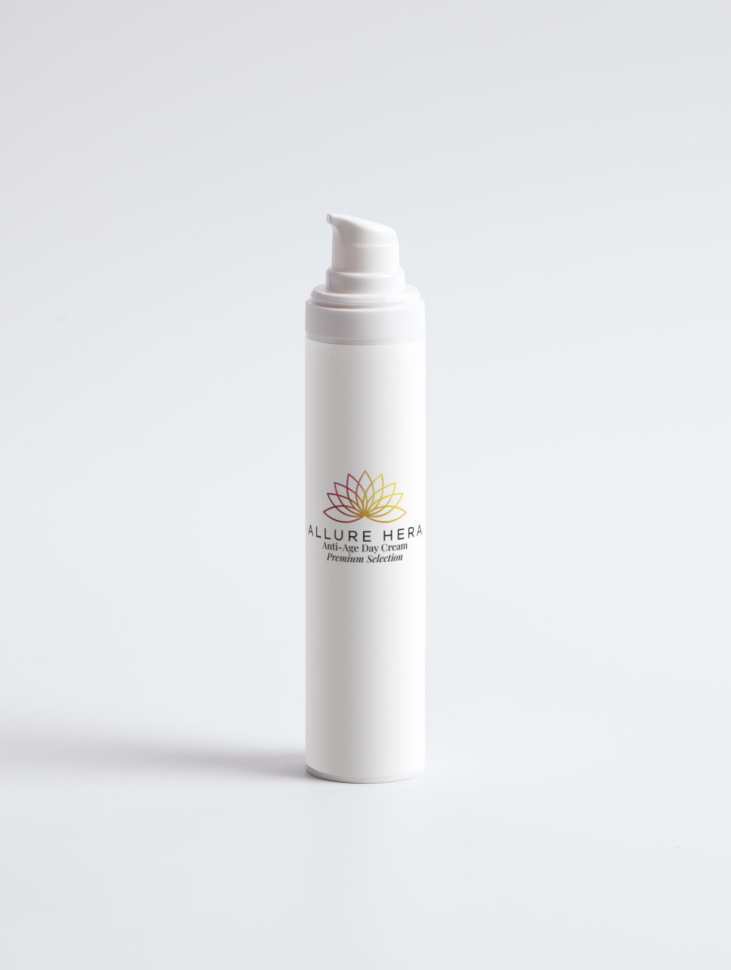 White skincare bottle with 'Allure Herb' branding on a light gray background