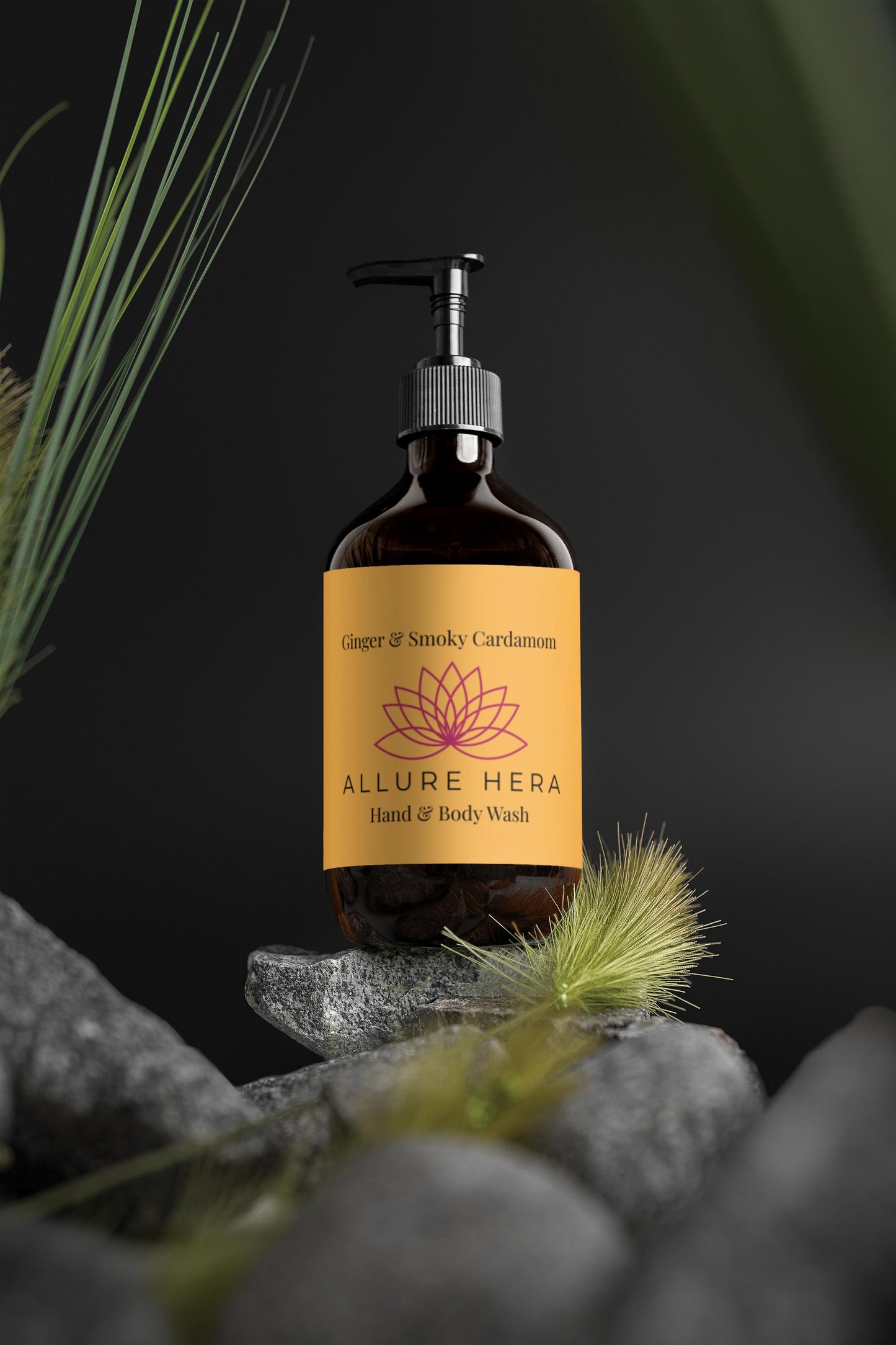 Allure Hera hand and body wash bottle with a label on a dark background