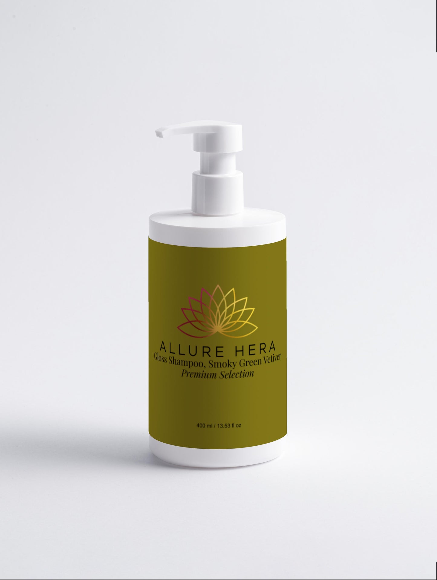 Allure Hera shampoo bottle with green label on a white background
