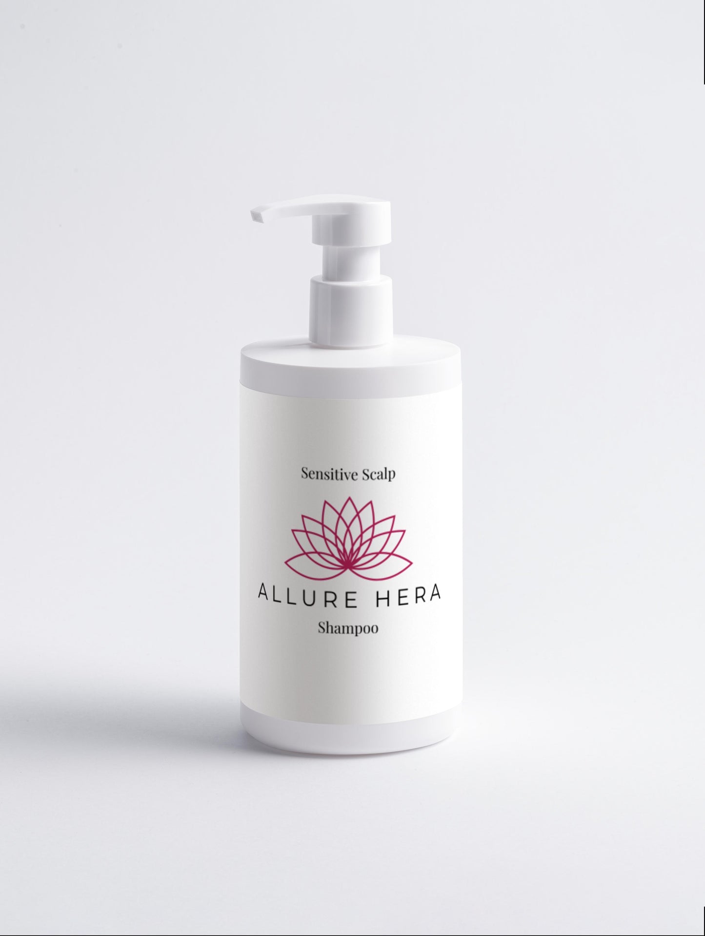 White shampoo bottle with 'Allure Hera' branding on a light gray background
