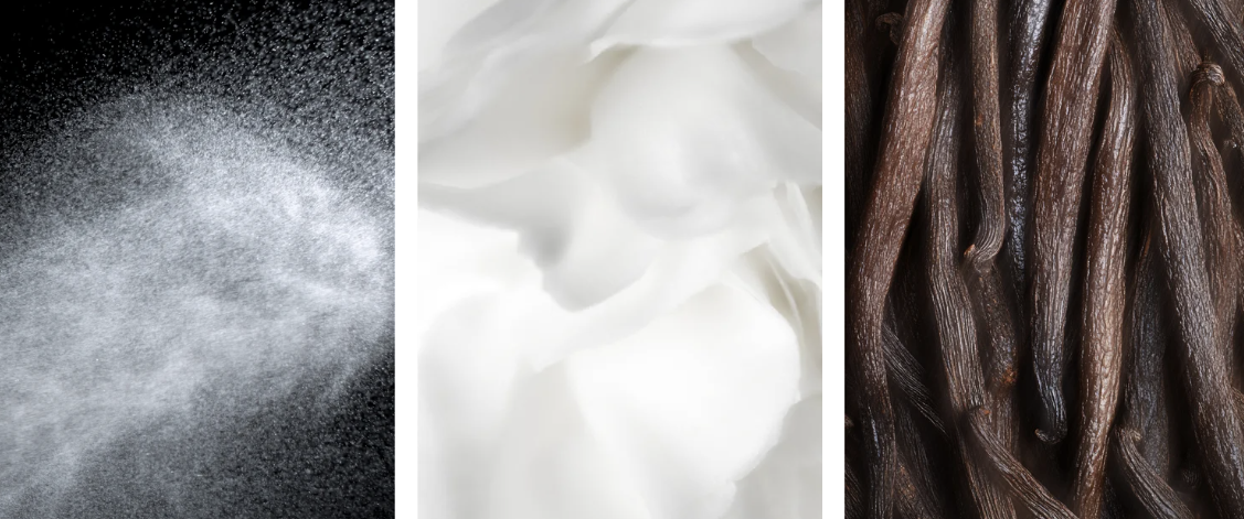 Three close-up images of different textures: a powdery substance, a smooth fabric surface, and a textured wooden surface.