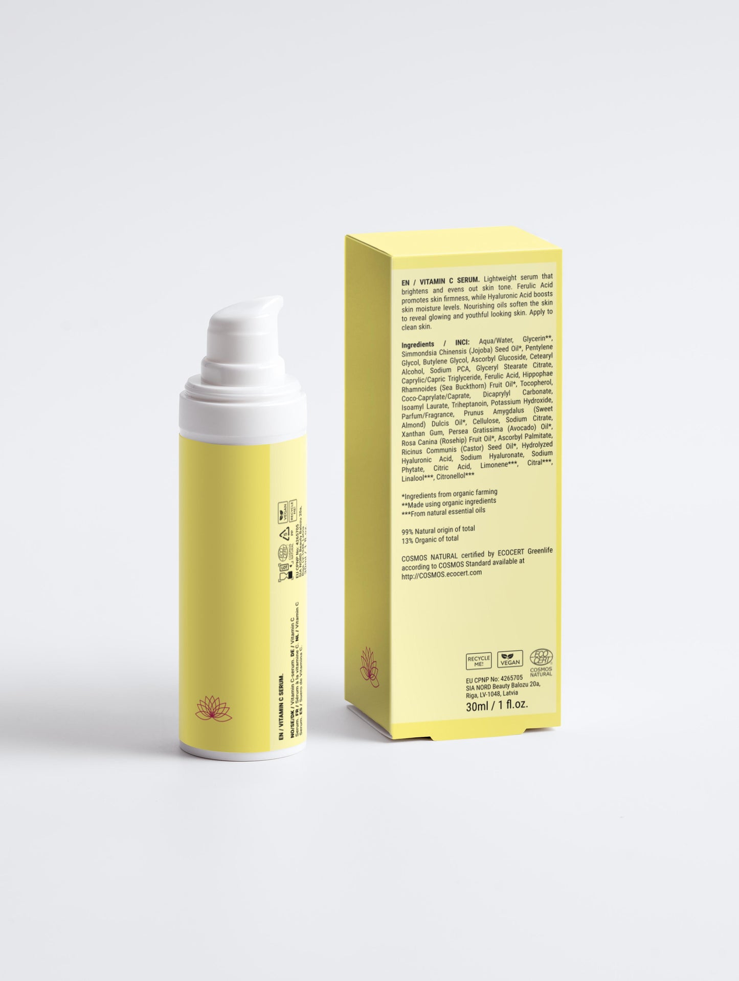 Yellow skincare product with packaging on a white background