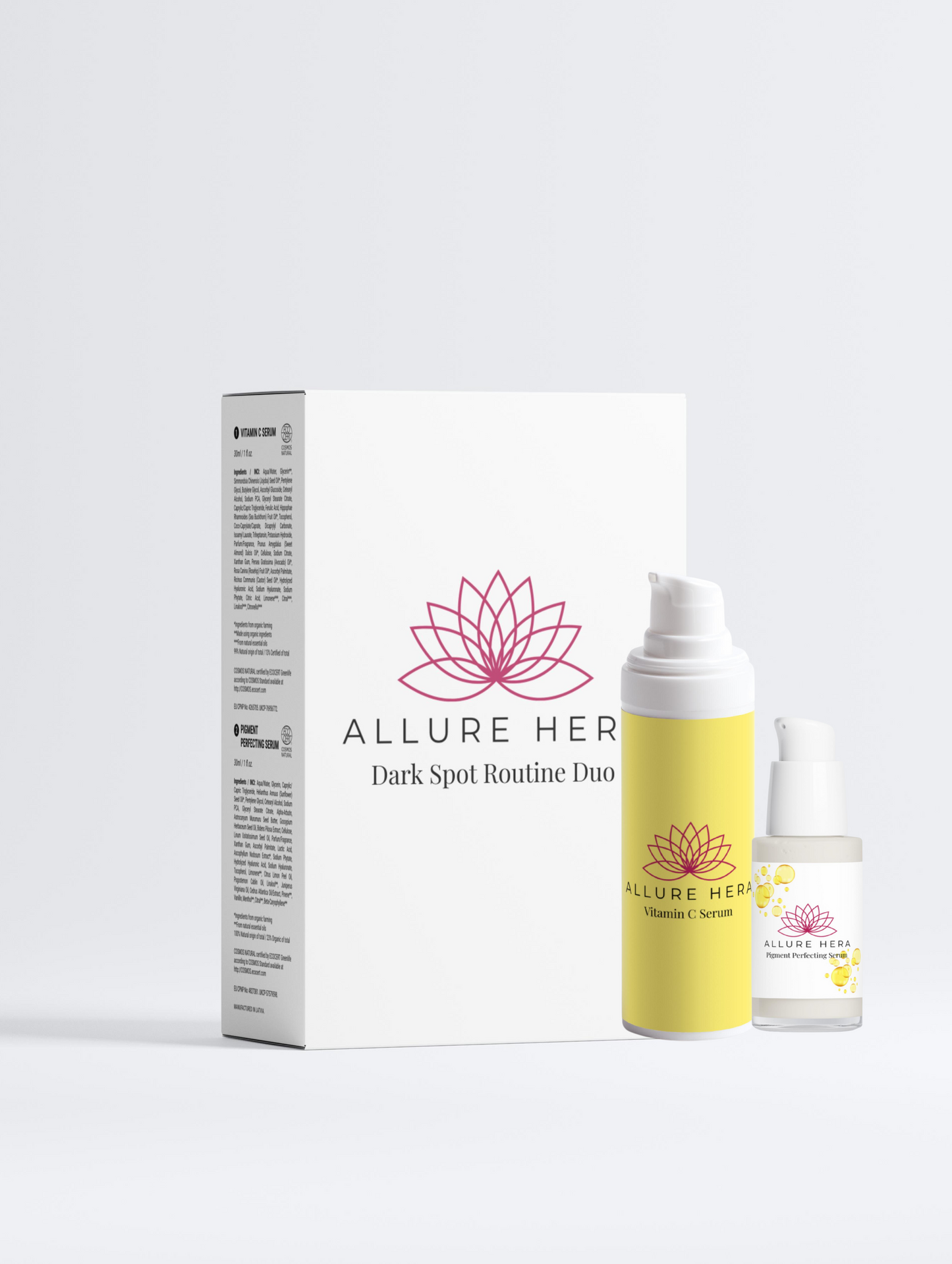 Allure Her skincare products including a box, yellow bottle, and white bottle on a light gray background.