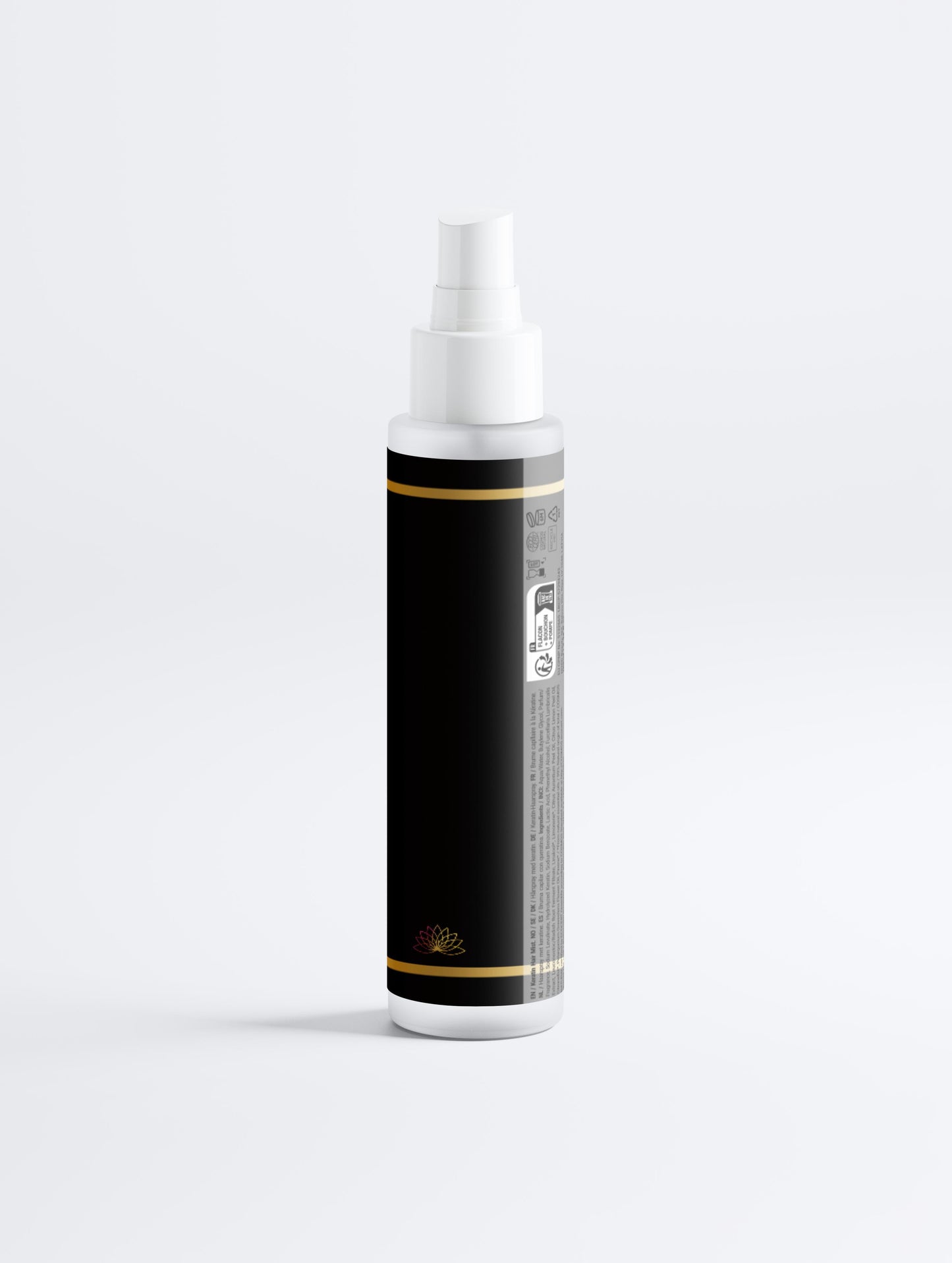 White spray bottle with a black label on a light gray background