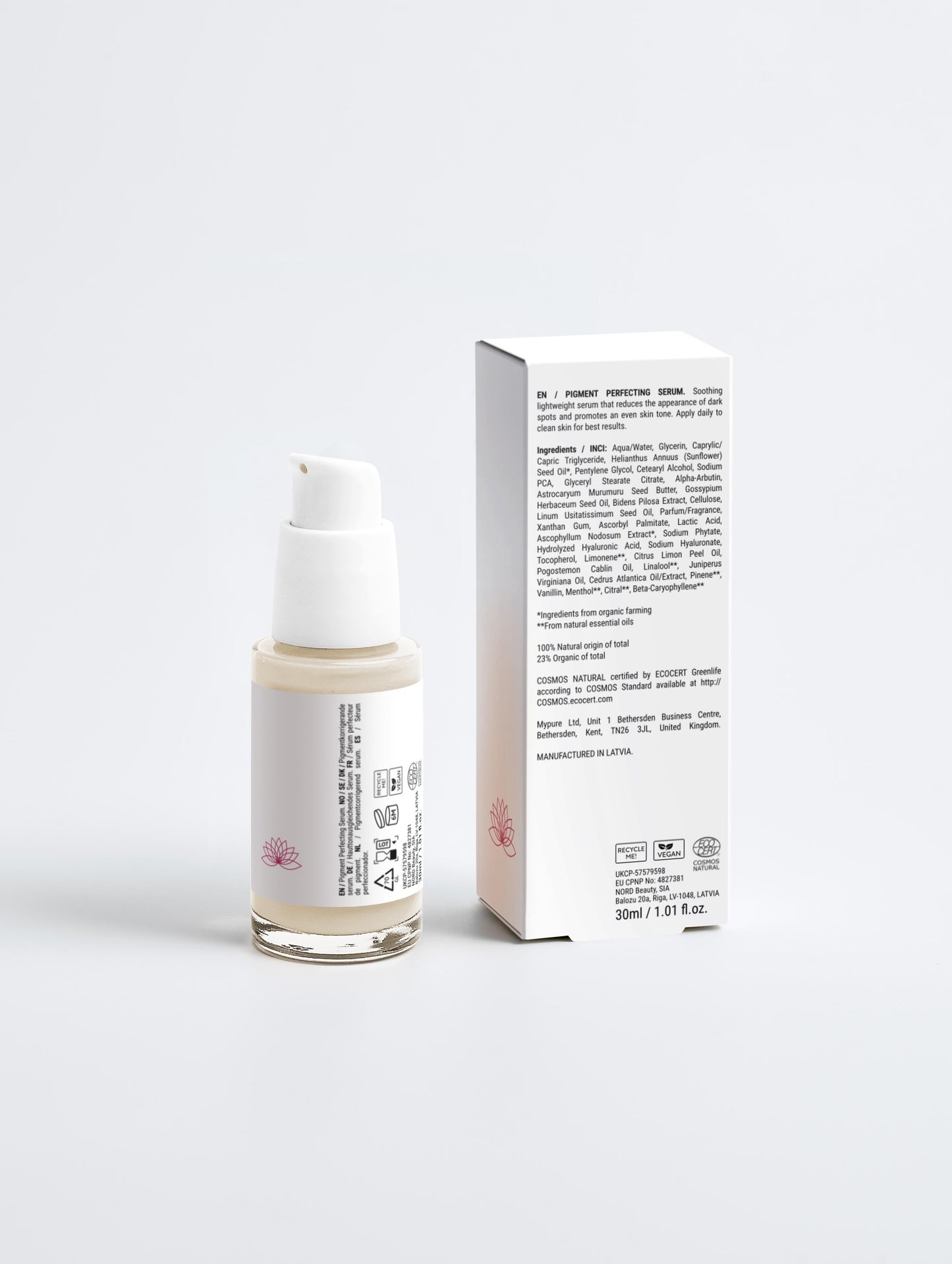 Skincare bottle with dropper and its packaging on a white background