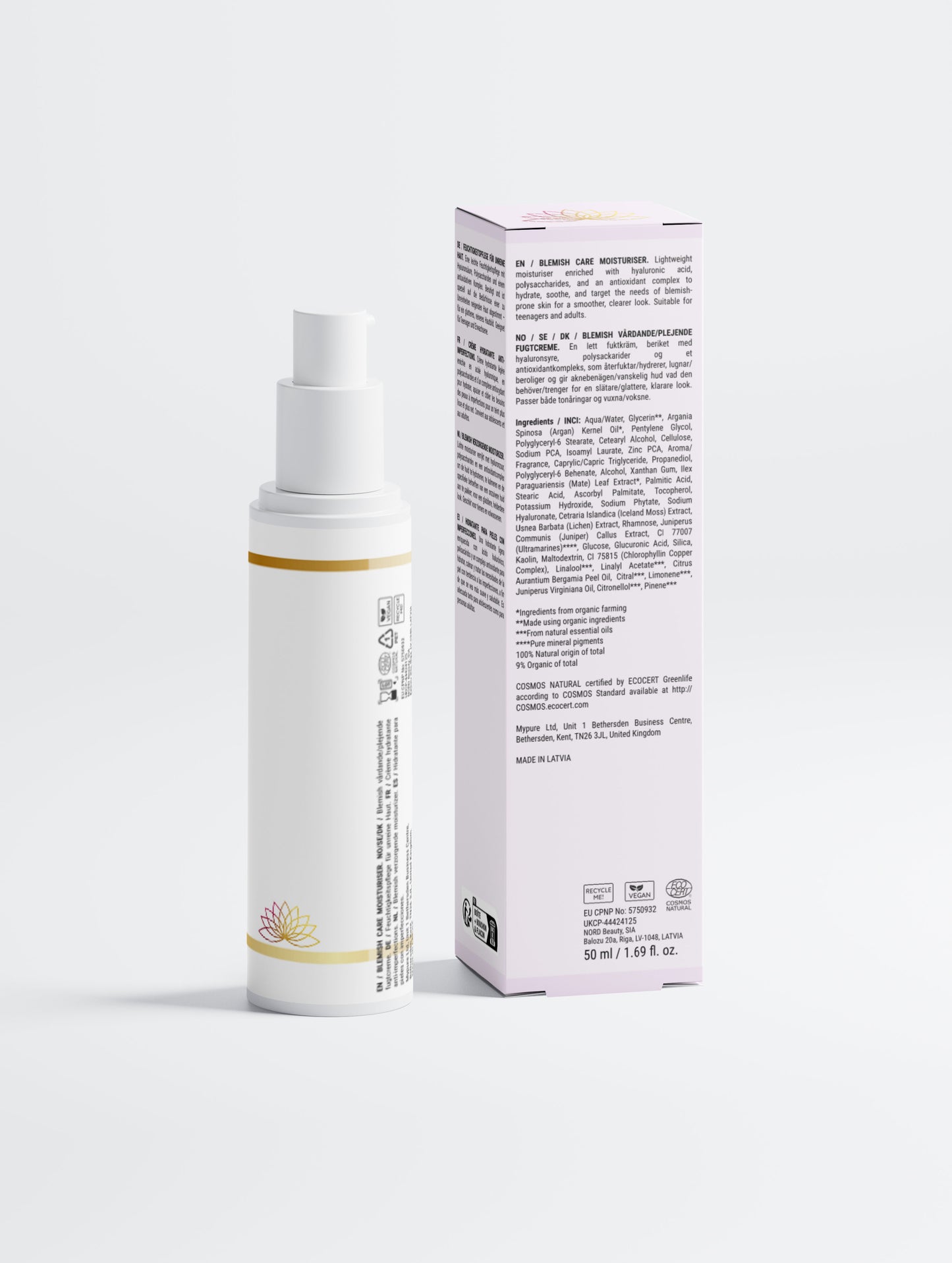 Skincare bottle with pump and its packaging on a white background