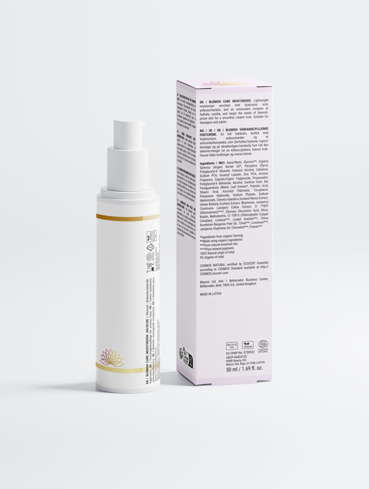 Skincare bottle with pump and its packaging on a white background