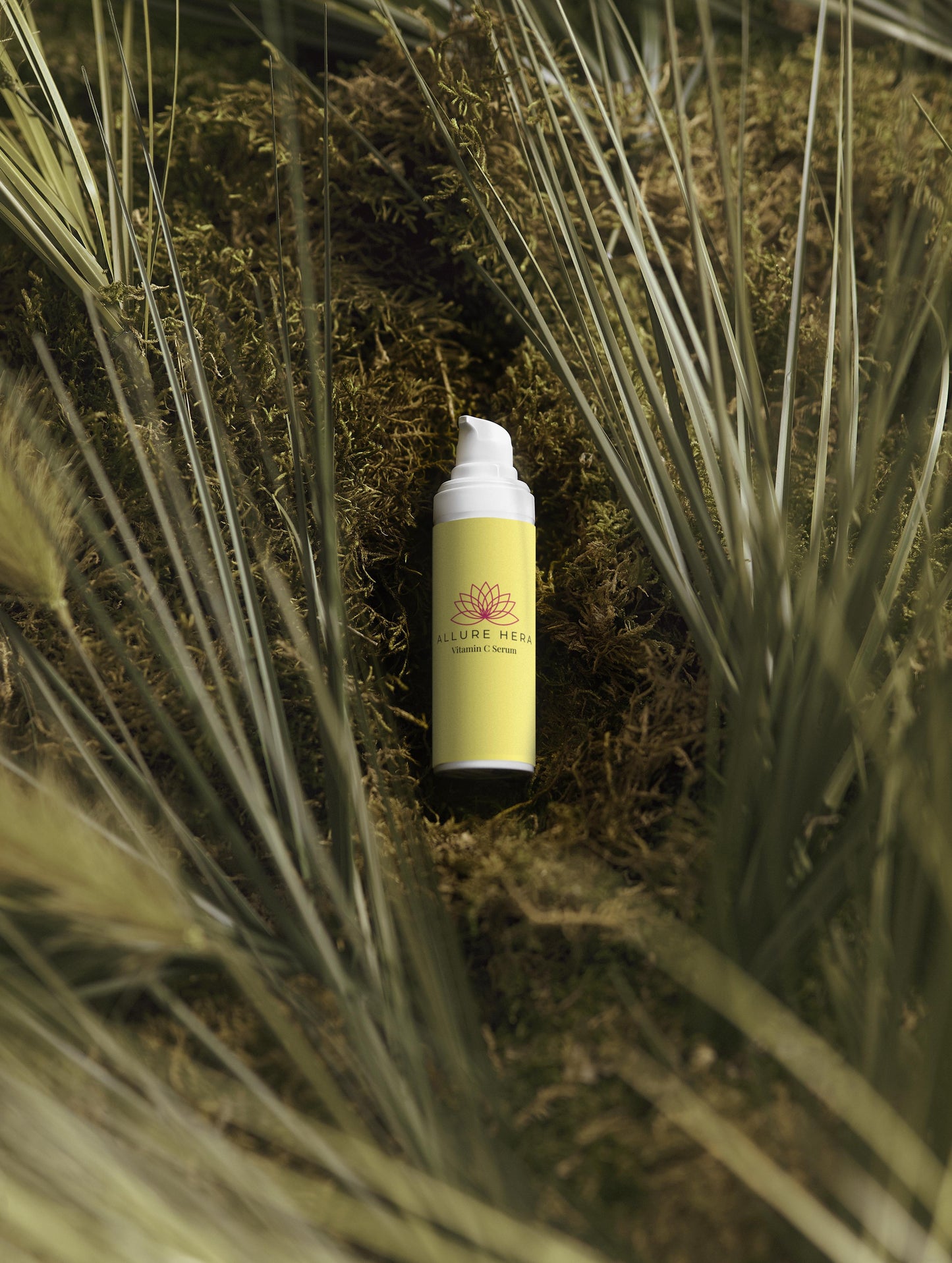 Skincare bottle with a yellow label on a natural background