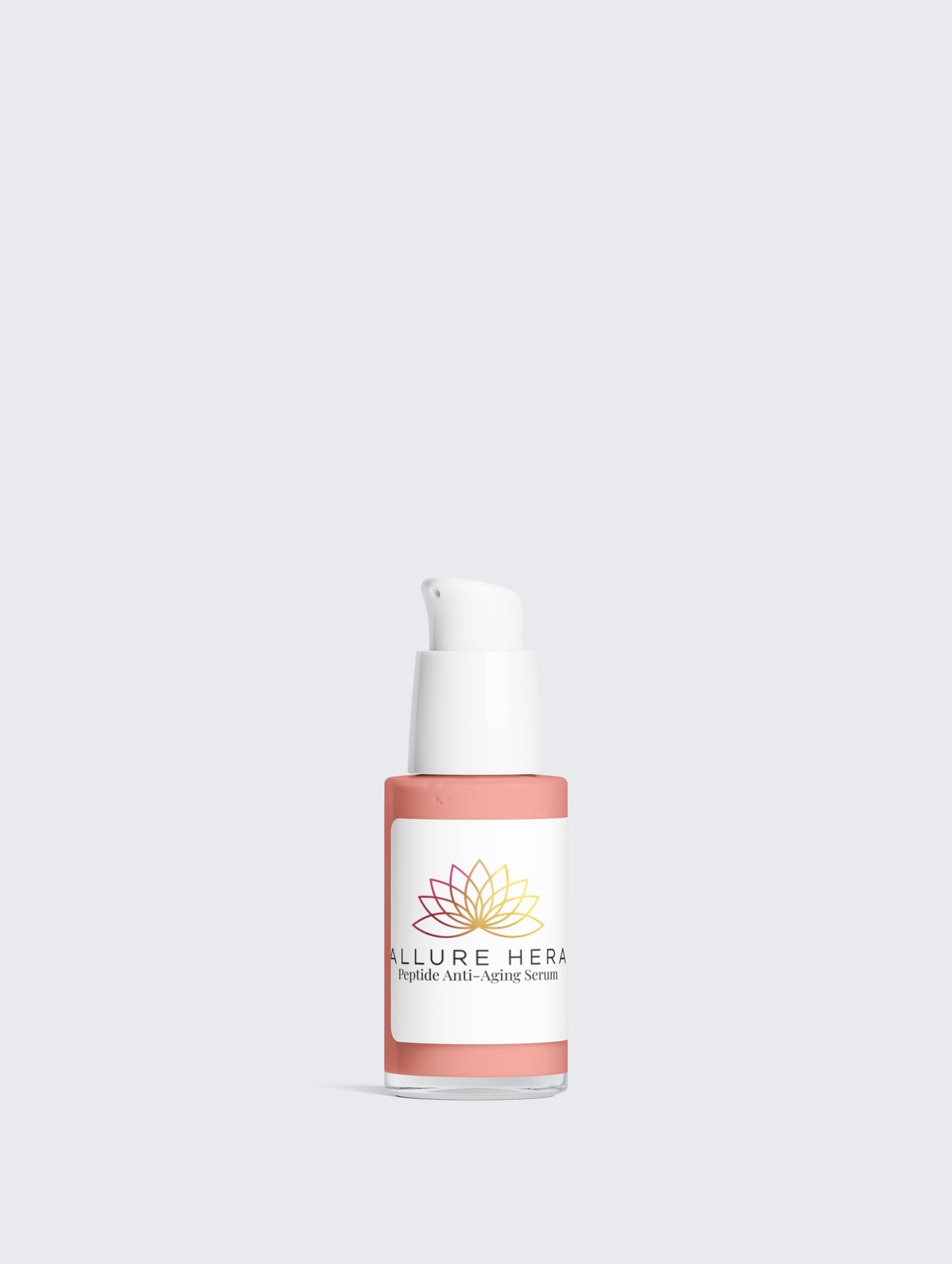 Skincare bottle with 'Allure Here' label on a light gray background