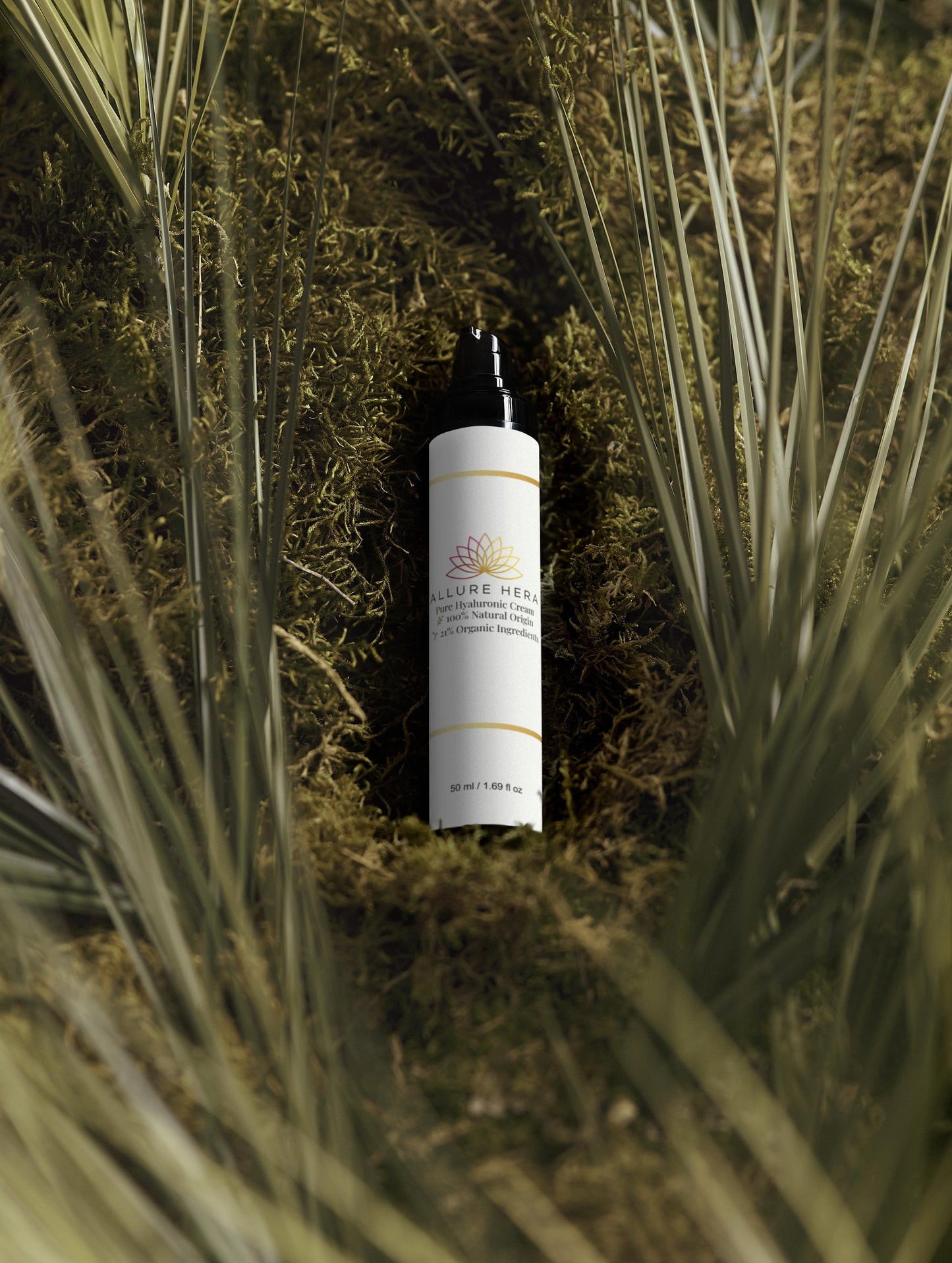 Pure Hyaluronic Cream bottle surrounded by lush green foliage, emphasizing natural and organic skincare.