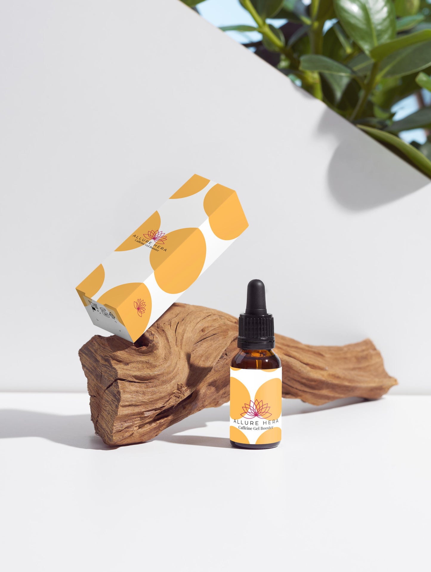 Bottle of 'Nature's Nectar' with packaging on a wooden block against a white background