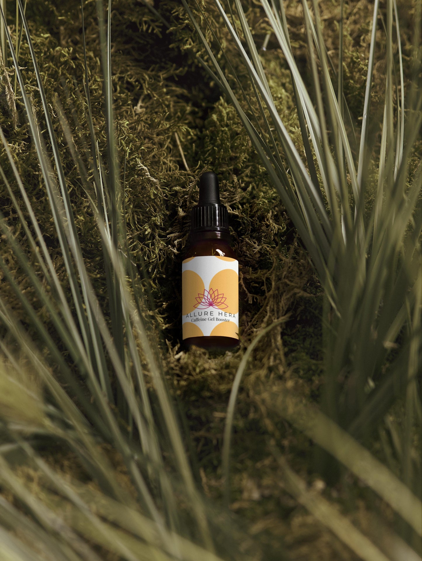 Bottle of Allure Herbals product in a natural setting with grass and moss.