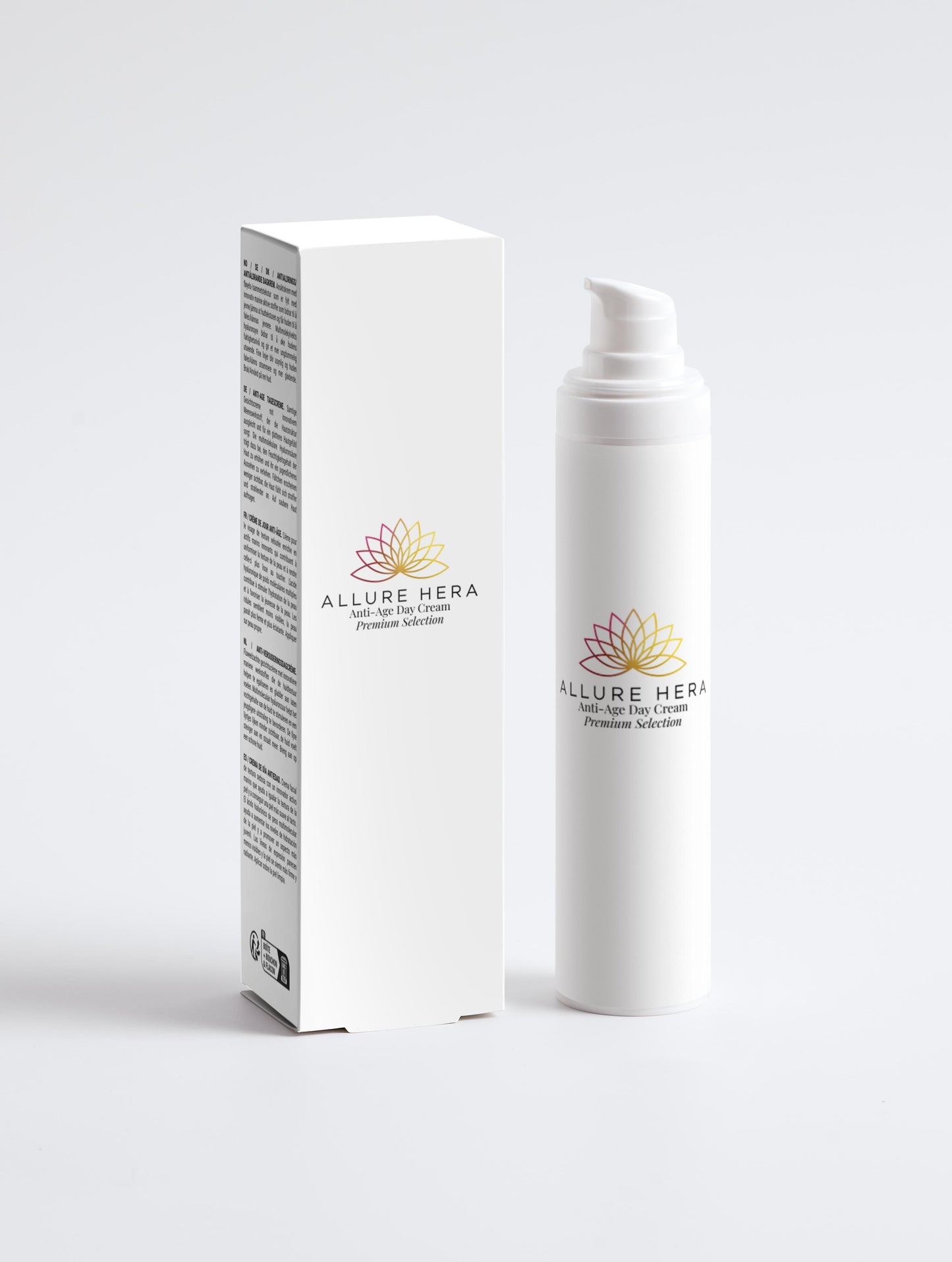 White skincare cream bottle and box with 'Allure Hera' branding on a light gray background