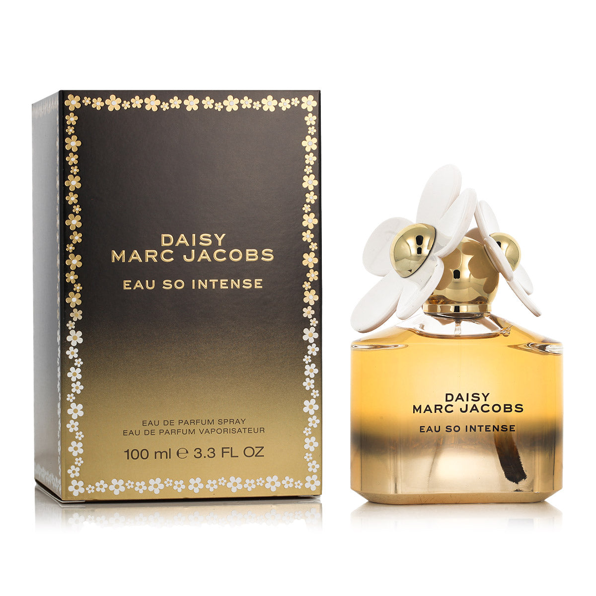 Marc Jacobs Daisy Eau So Intense perfume bottle and packaging on a white background