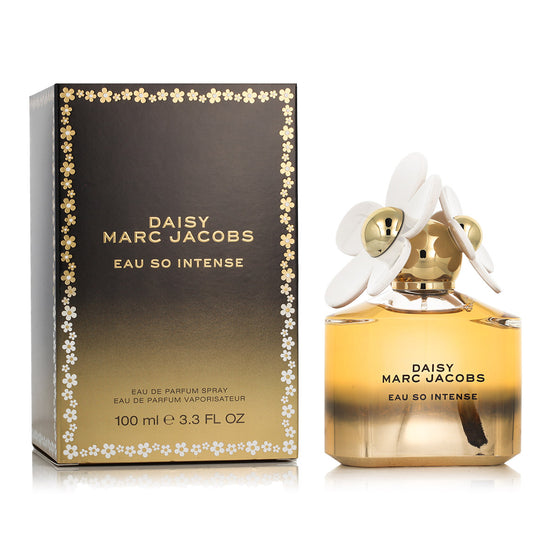 Marc Jacobs Daisy Eau So Intense perfume bottle and packaging on a white background