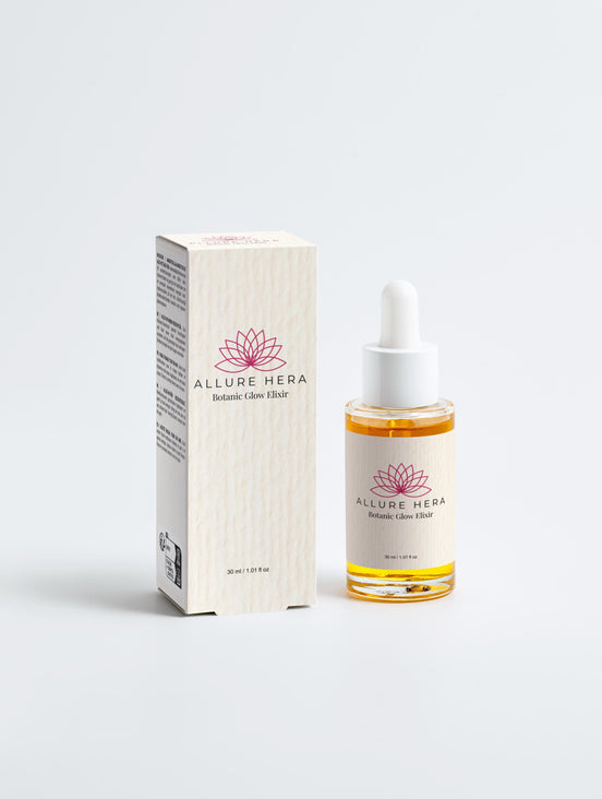 Botanic Glow Elixir Facial Oil in dropper bottle with packaging, 30 ml, for hydration and rejuvenation.