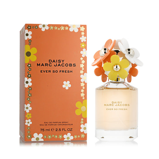 Daisy Marc Jacobs Ever So Fresh Eau de Parfum bottle and its orange floral-patterned box, displayed on a clean white background.