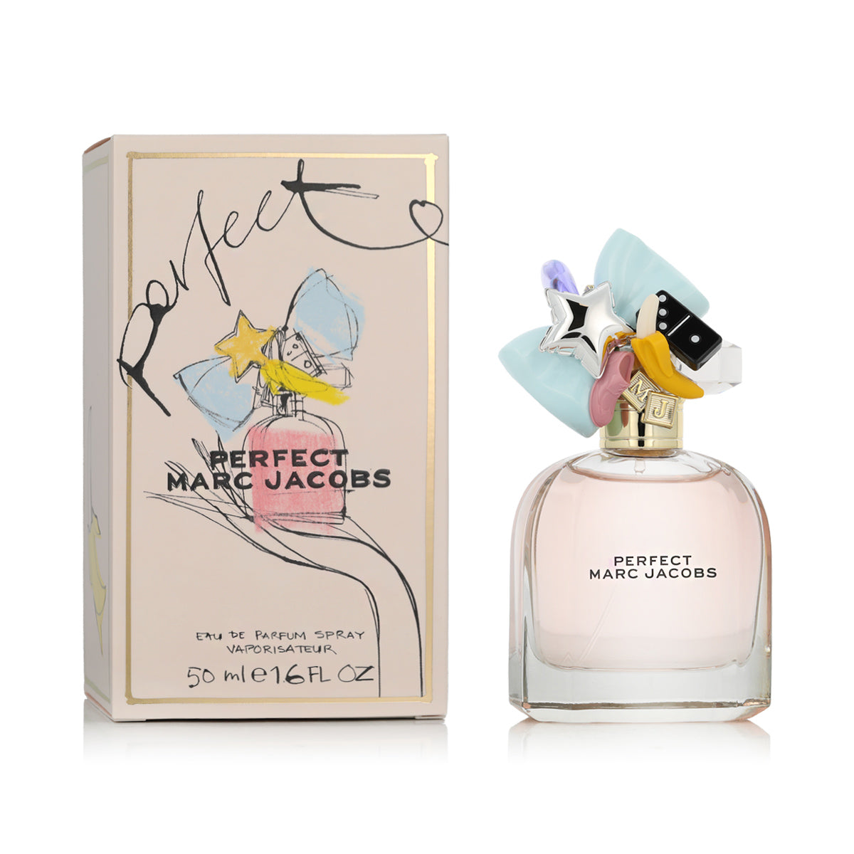 Marc Jacobs Perfect Eau de Parfum 50ml bottle next to its illustrated packaging box on a white background.