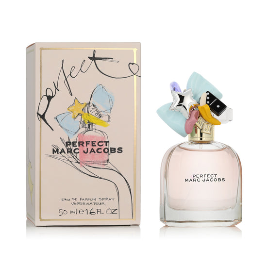 Marc Jacobs Perfect Eau de Parfum 50ml bottle next to its illustrated packaging box on a white background.
