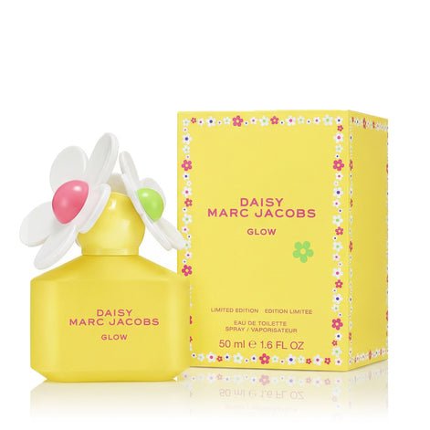 Marc Jacobs Daisy Glow perfume bottle and packaging on a white background