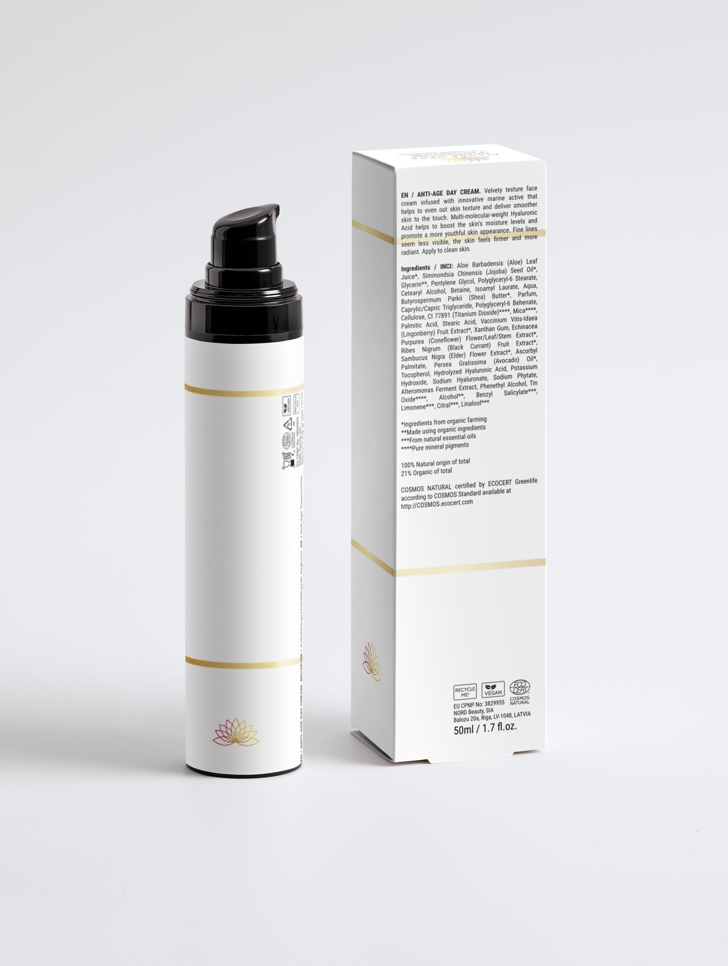 Pure Hyaluronic Cream, 100% natural, with anti-aging properties in 50 ml packaging, featuring marine extract and multi-weight hyaluronic acid.