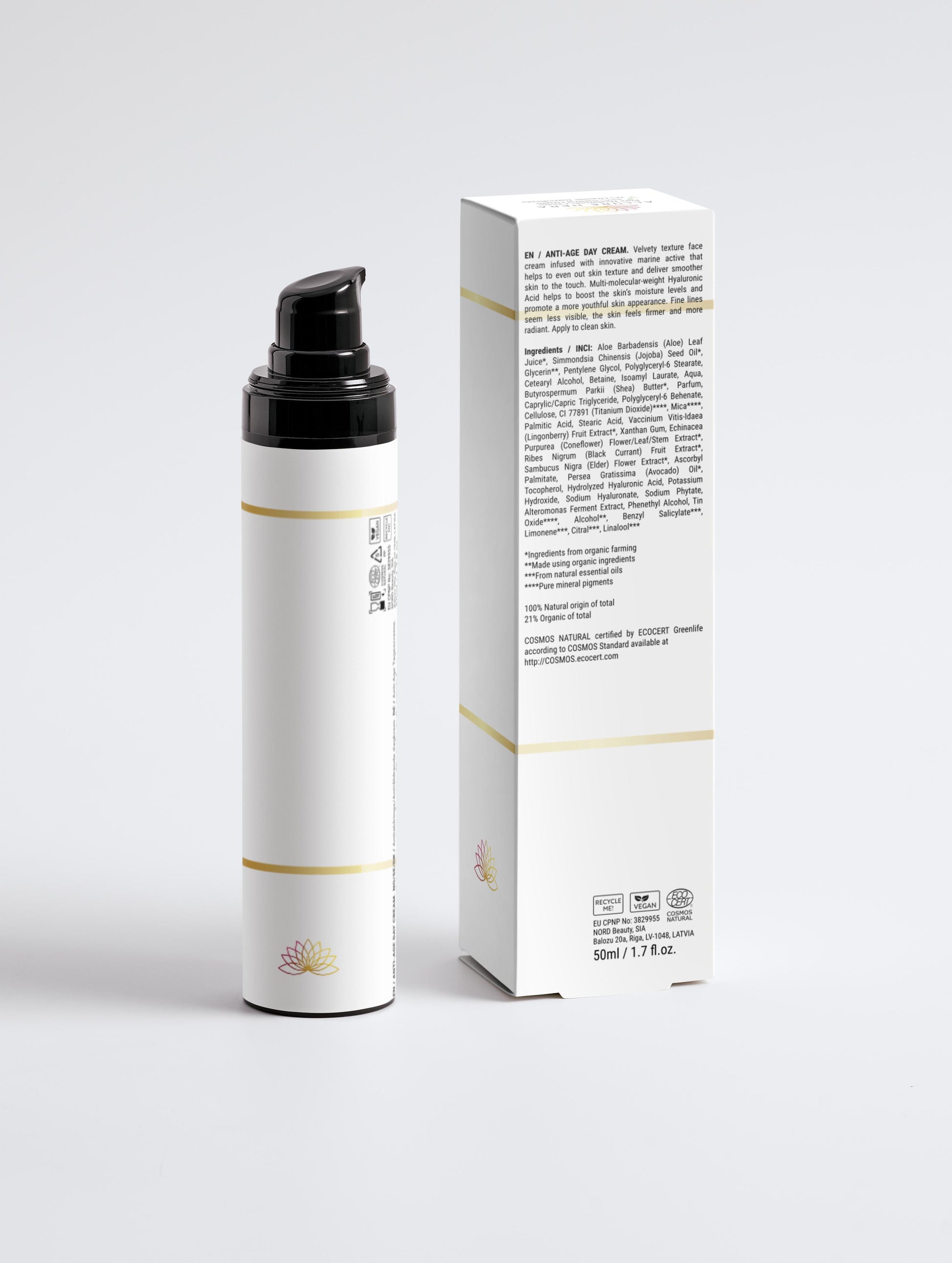 Pure Hyaluronic Cream, 100% natural, with anti-aging properties in 50 ml packaging, featuring marine extract and multi-weight hyaluronic acid.