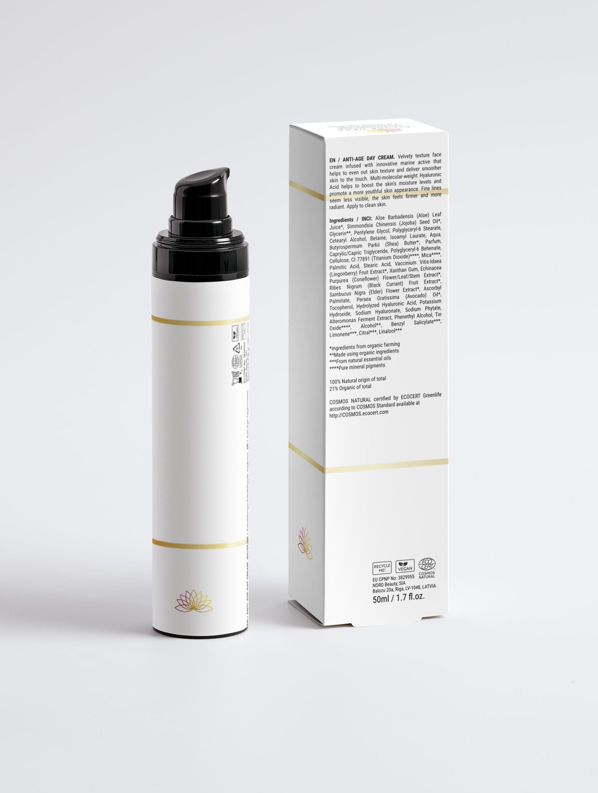 Pure Hyaluronic Cream, 100% natural, with anti-aging properties in 50 ml packaging, featuring marine extract and multi-weight hyaluronic acid.