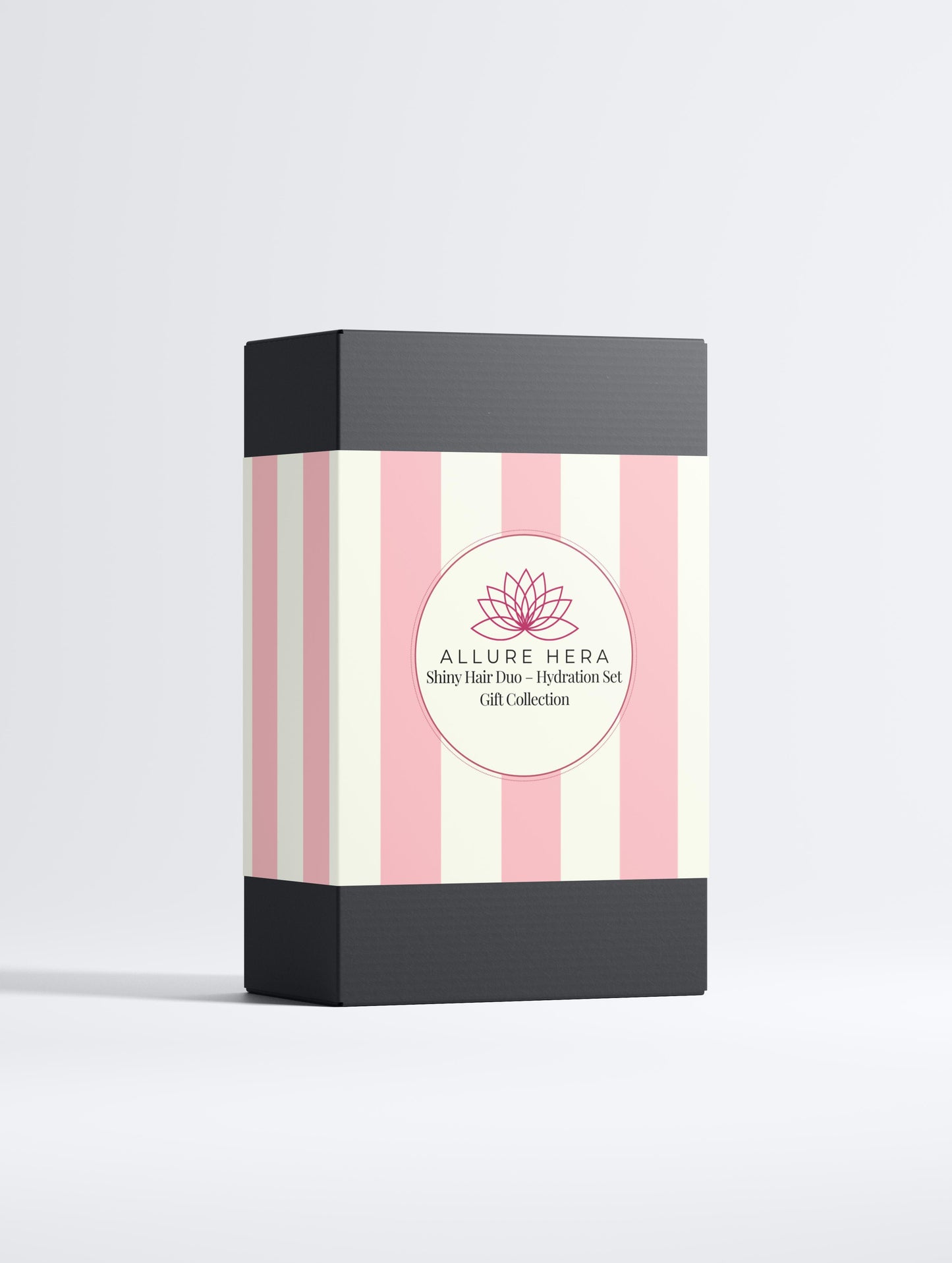 Allure Hera product packaging with pink and white striped design on a gray background