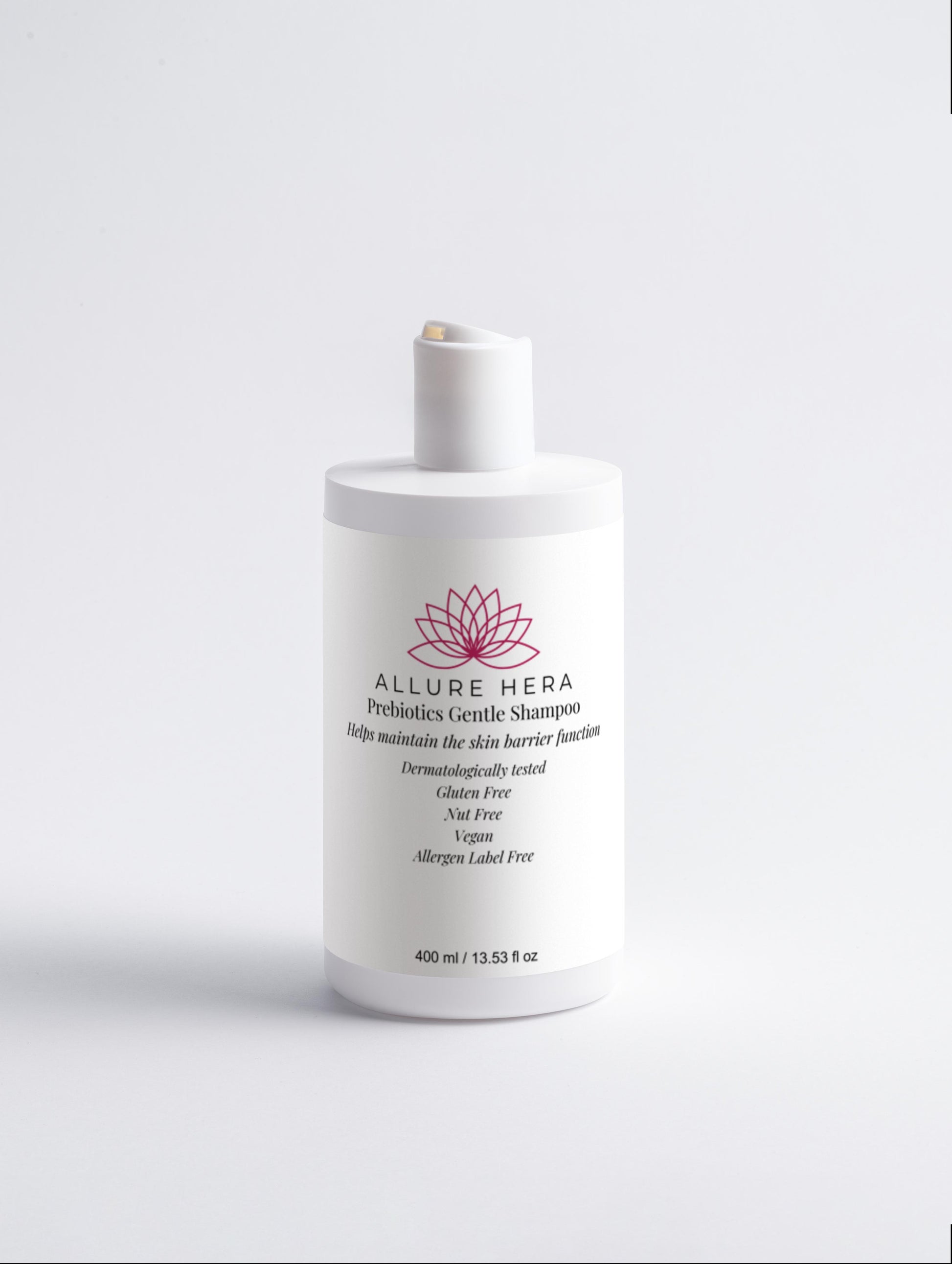 White shampoo bottle with 'Allure Hera' branding on a light gray background