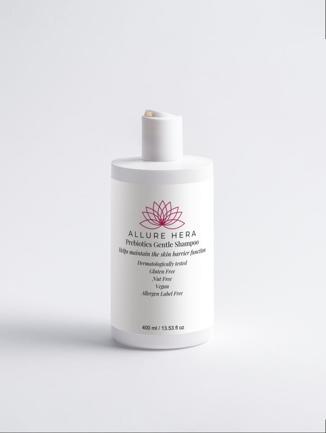 White shampoo bottle with 'Allure Hera' branding on a light gray background