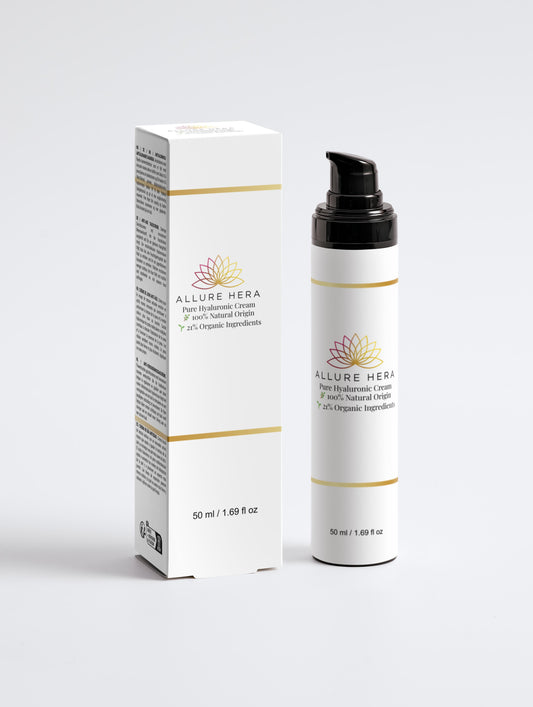 Pure Hyaluronic Cream, 100% natural, 21% organic, anti-aging face cream in elegant packaging.