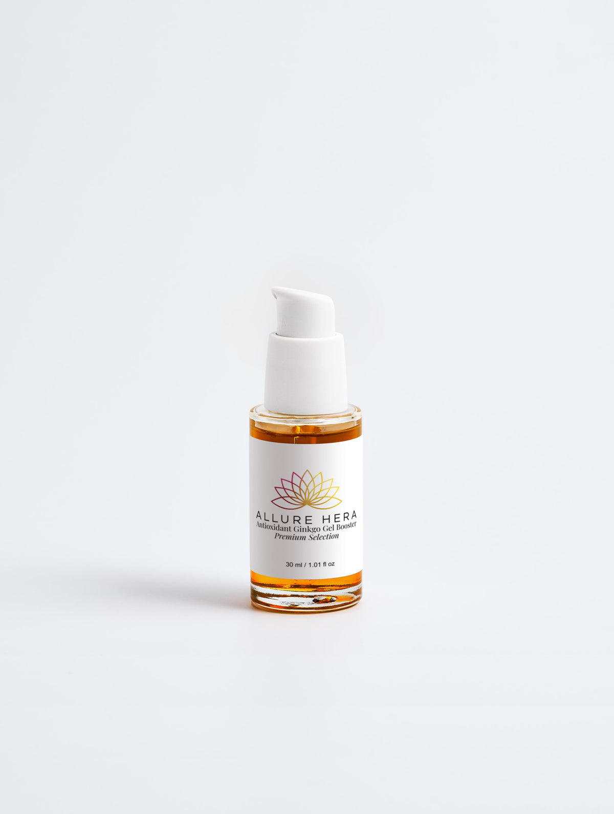 Skincare serum bottle with white cap and label on a light gray background