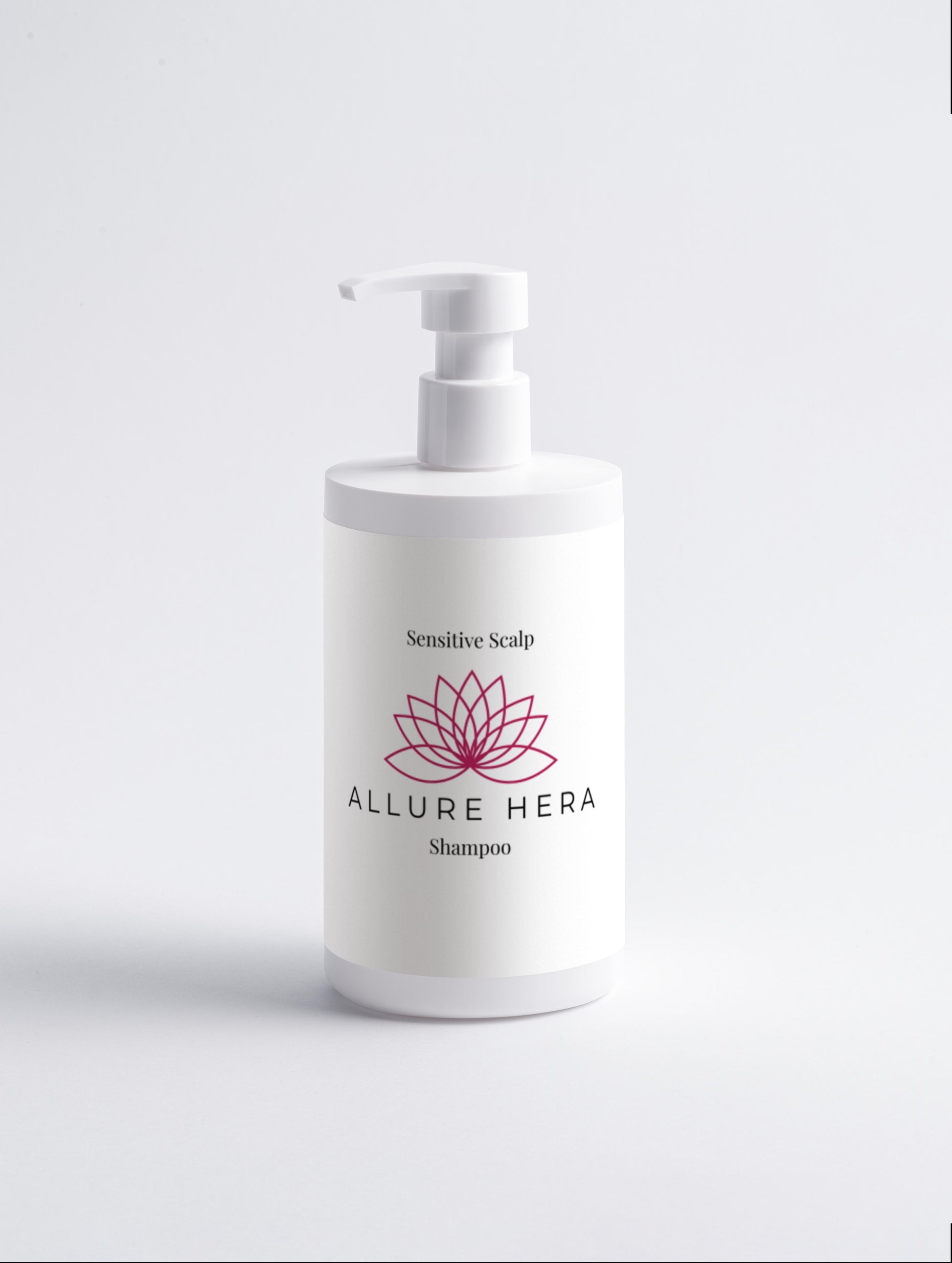 White shampoo bottle with 'Allure Hera' branding on a light gray background