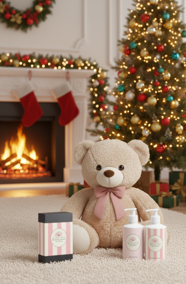Teddy bear with a pink bow, candles, and bottles in front of a Christmas tree and fireplace.
