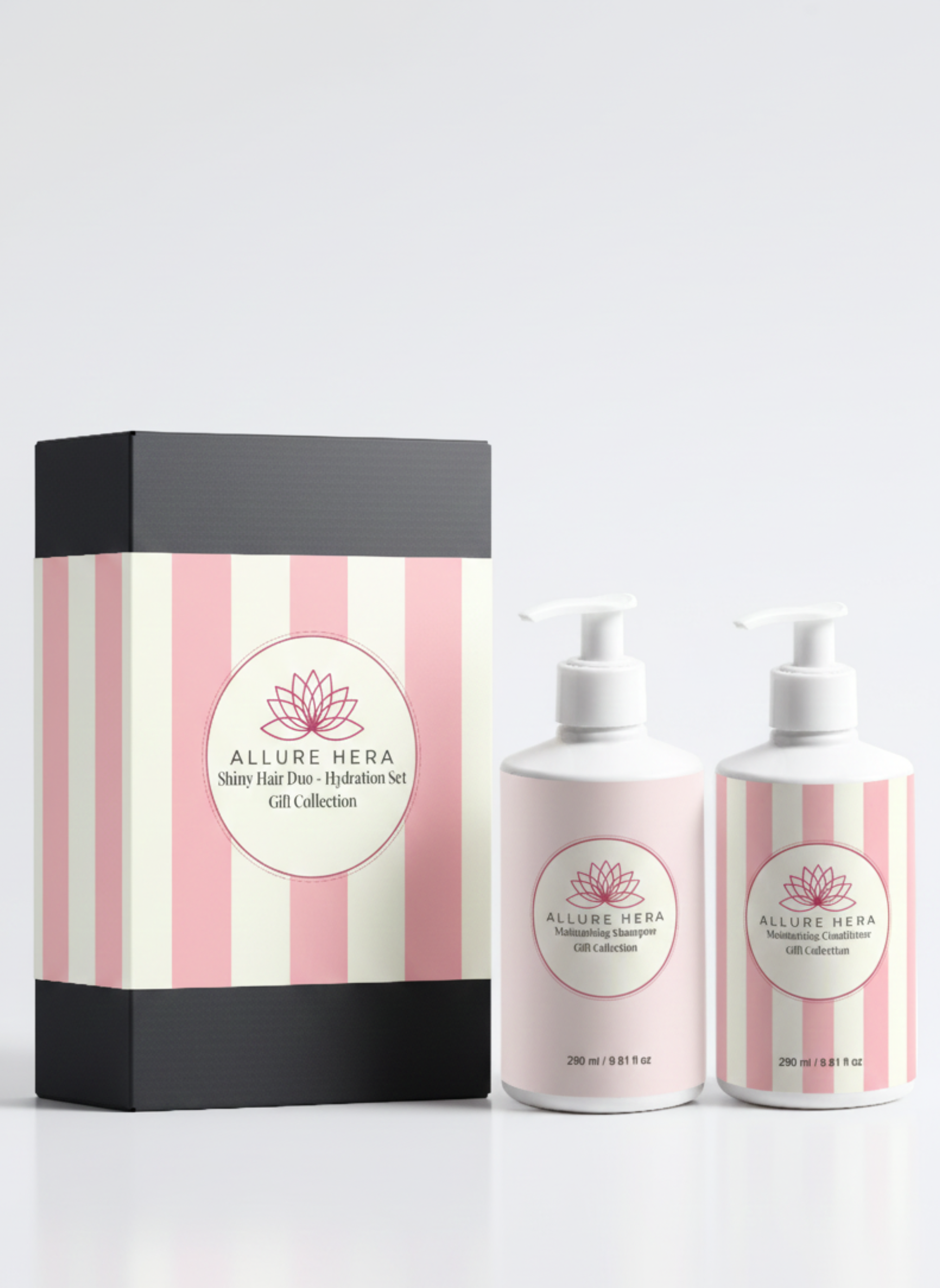 Allure Hera gift set with striped box and two bottles on a white background