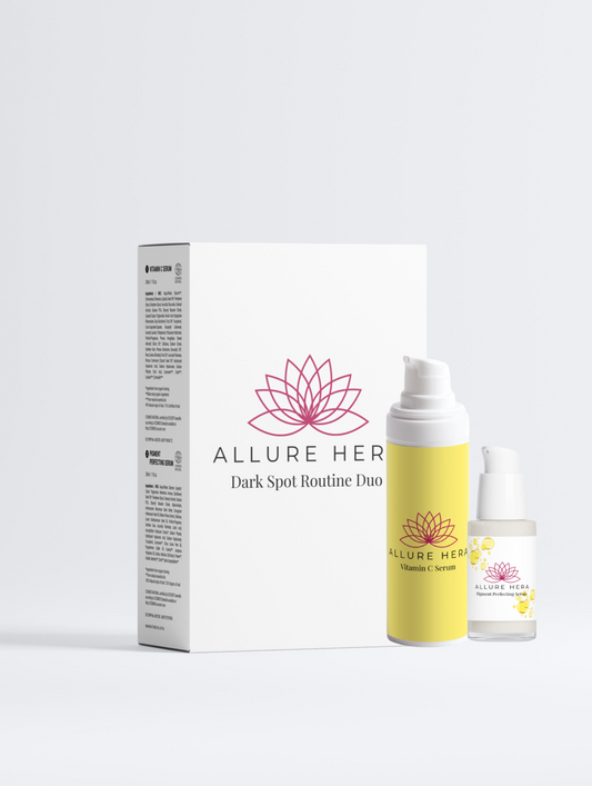 Allure Her skincare products including a box, yellow bottle, and white bottle on a light gray background.