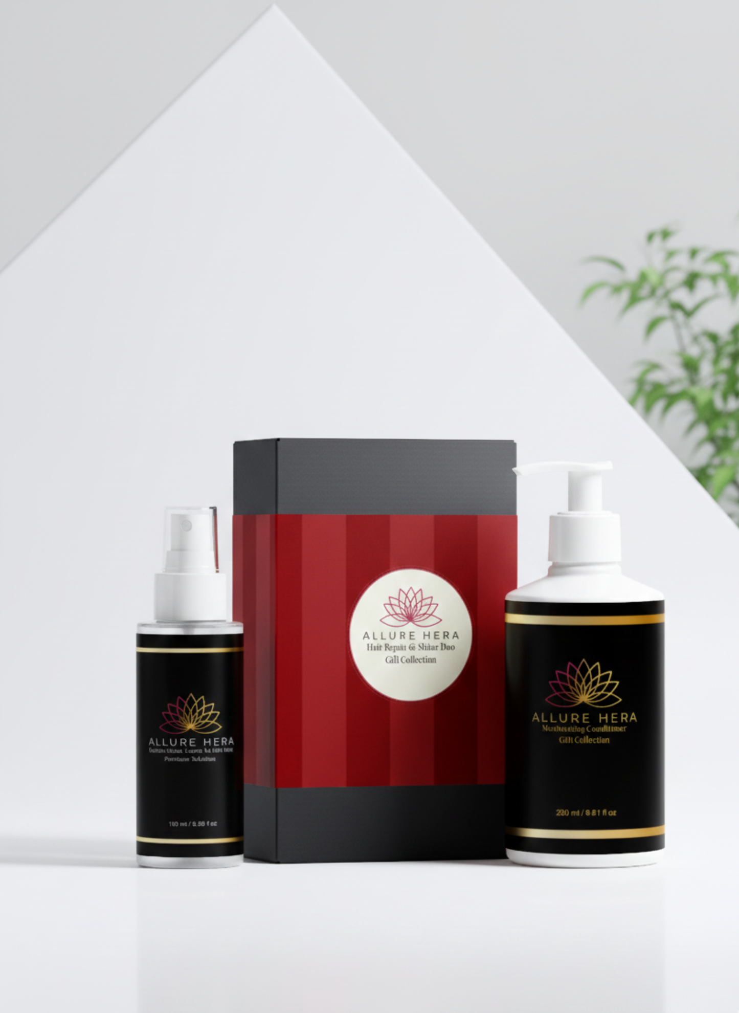 Allure Hera skincare product set with two bottles and a box on a white background