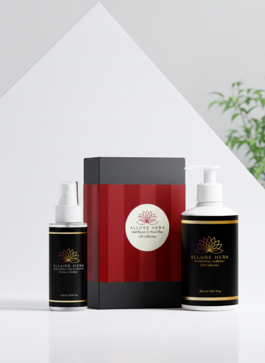 Allure Hera skincare product set with two bottles and a box on a white background