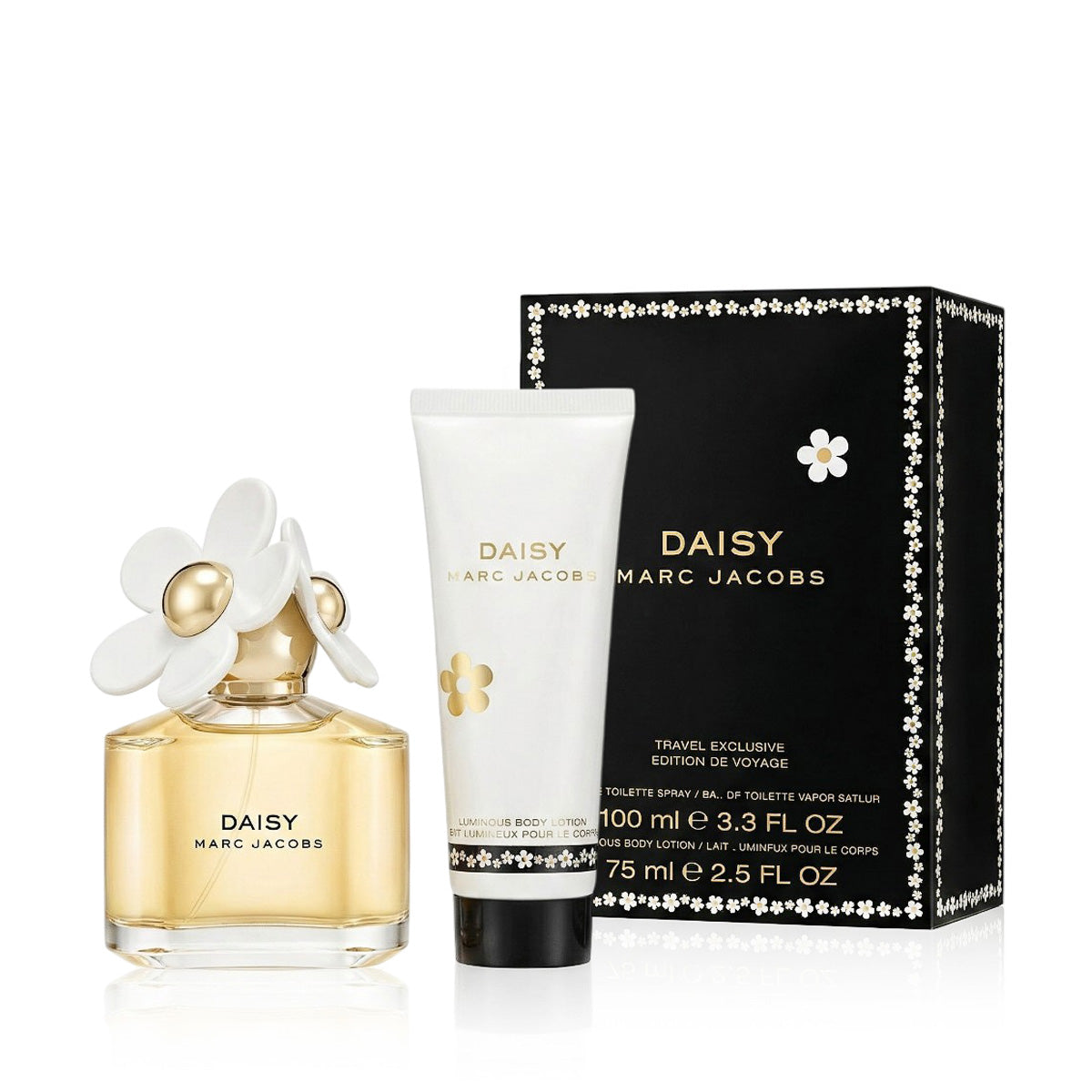 Marc Jacobs Daisy Travel Exclusive gift set featuring a 75ml perfume bottle with a white flower cap, a white body wash tube, and a black presentation box with white floral borders.