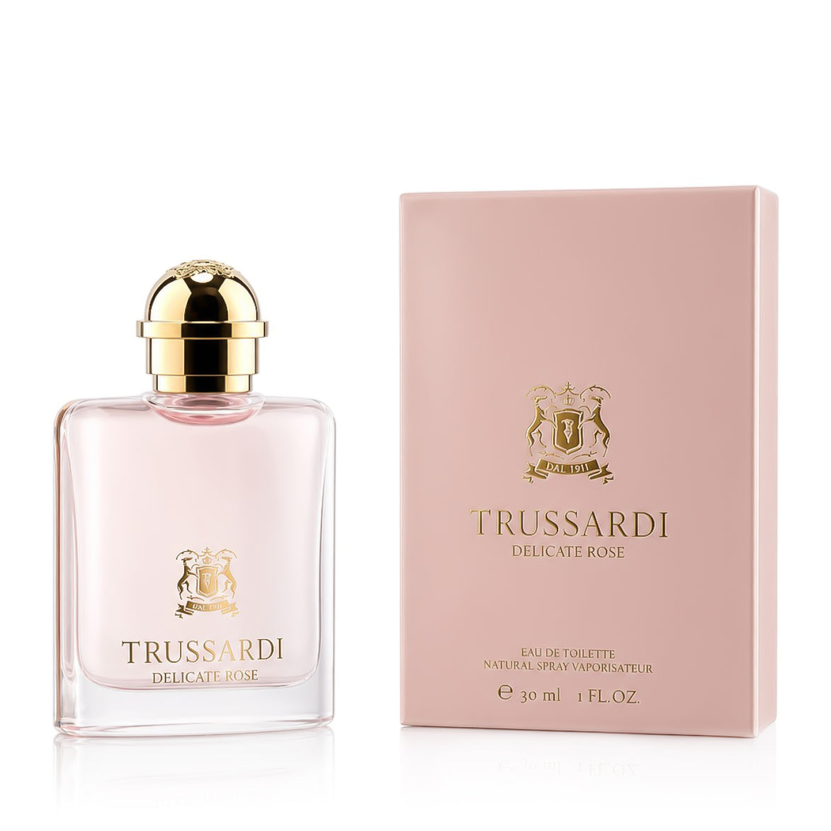 Trussardi Delicate Rose perfume bottle and packaging on a white background