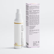 Skincare bottle with pump and its packaging on a white background