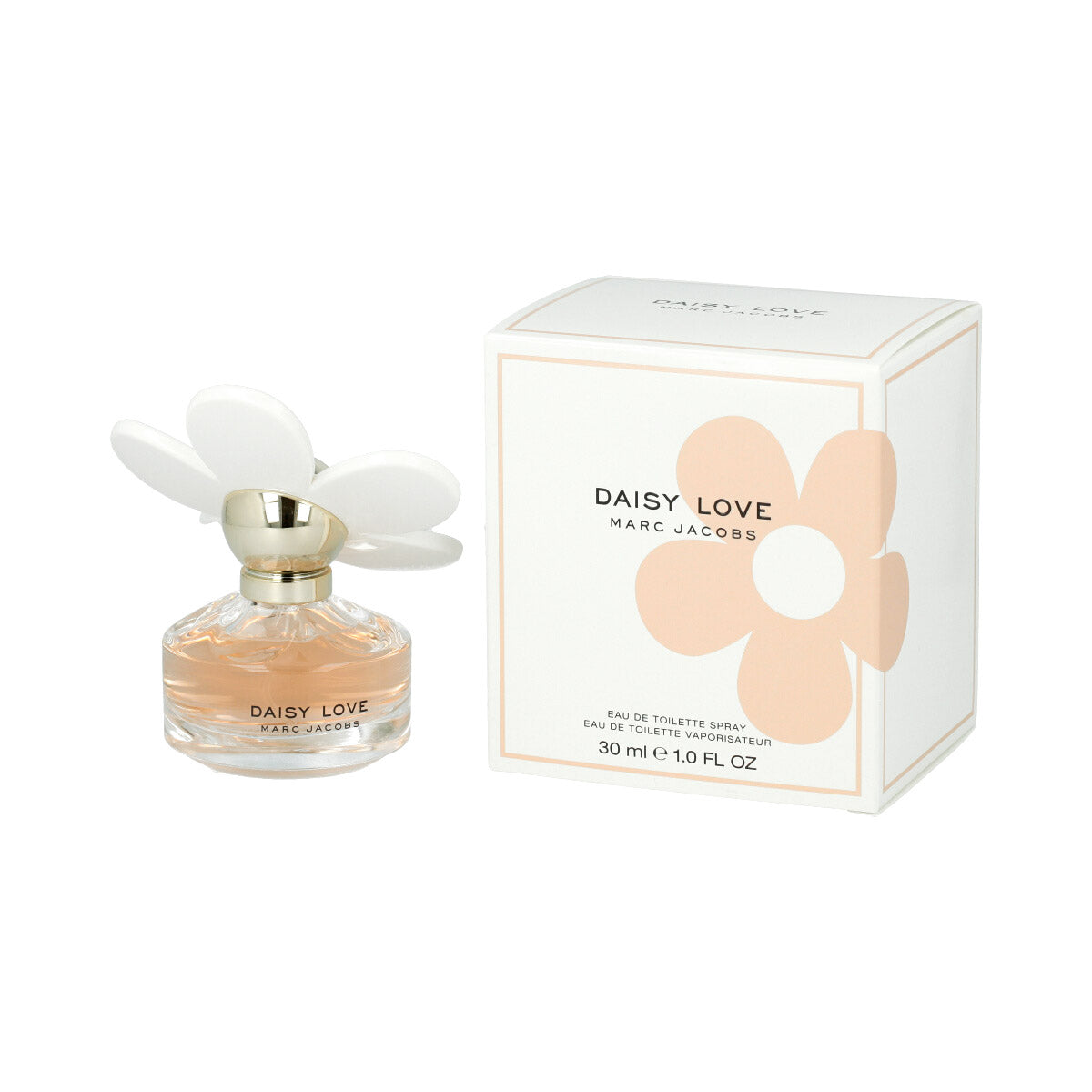 Marc Jacobs Daisy Love perfume bottle and packaging on a white background