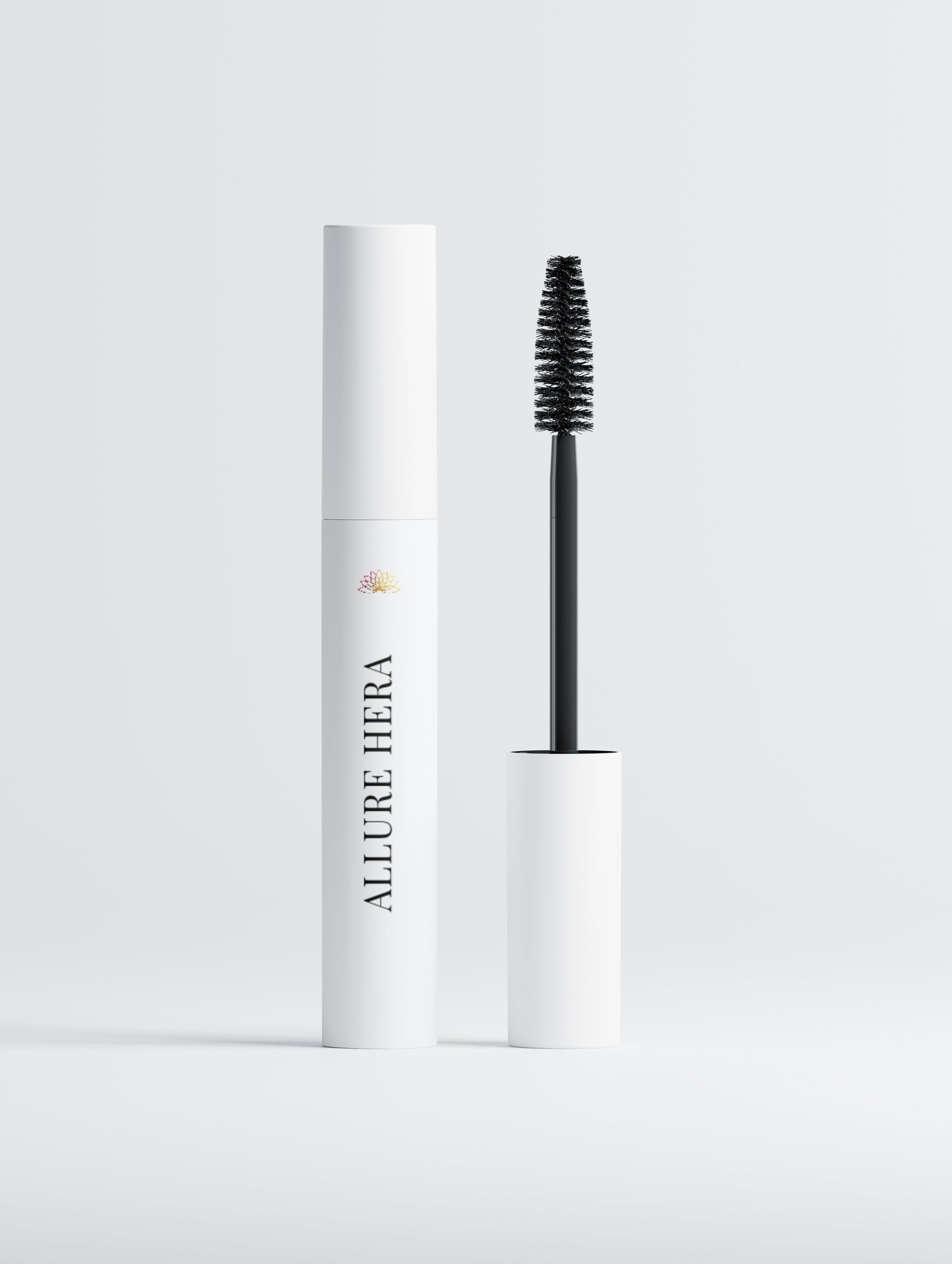 Mascara with white cylindrical container and black brush on a light gray background