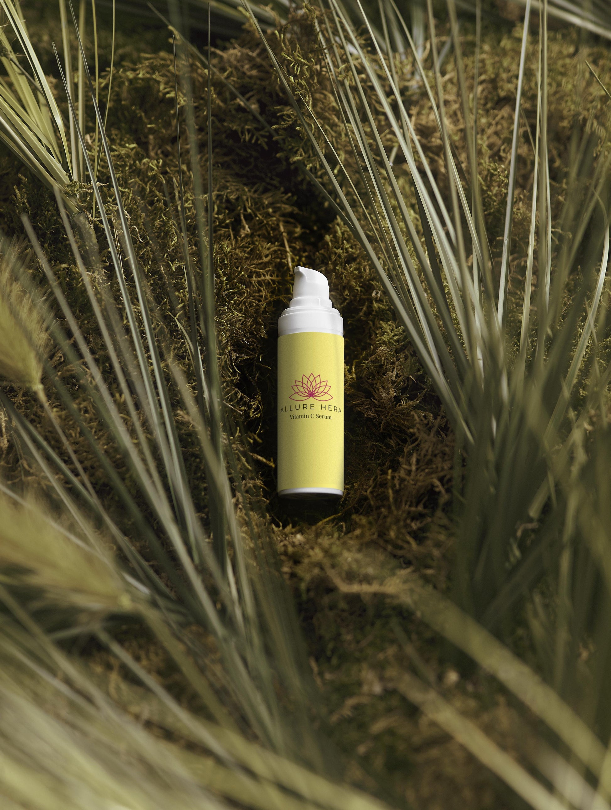 Skincare bottle with a yellow label on a natural background