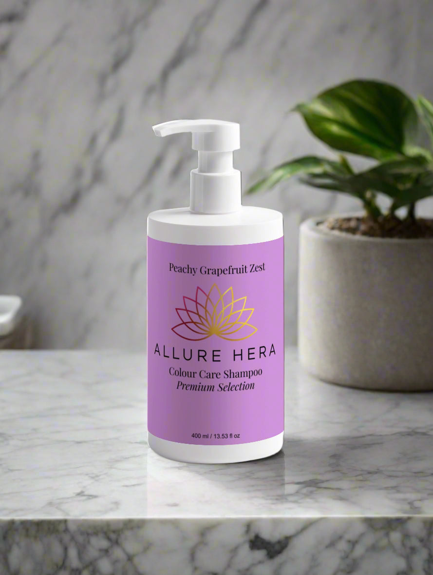 Allure Hera shampoo bottle with purple label on a white background