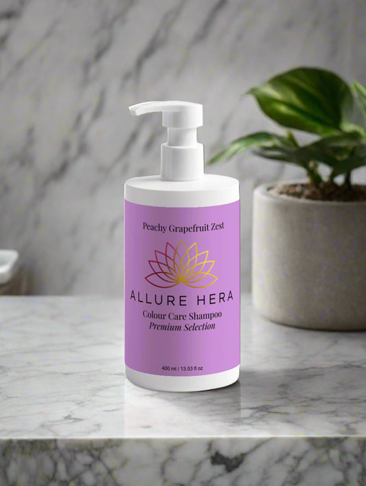 Allure Hera shampoo bottle with purple label on a white background
