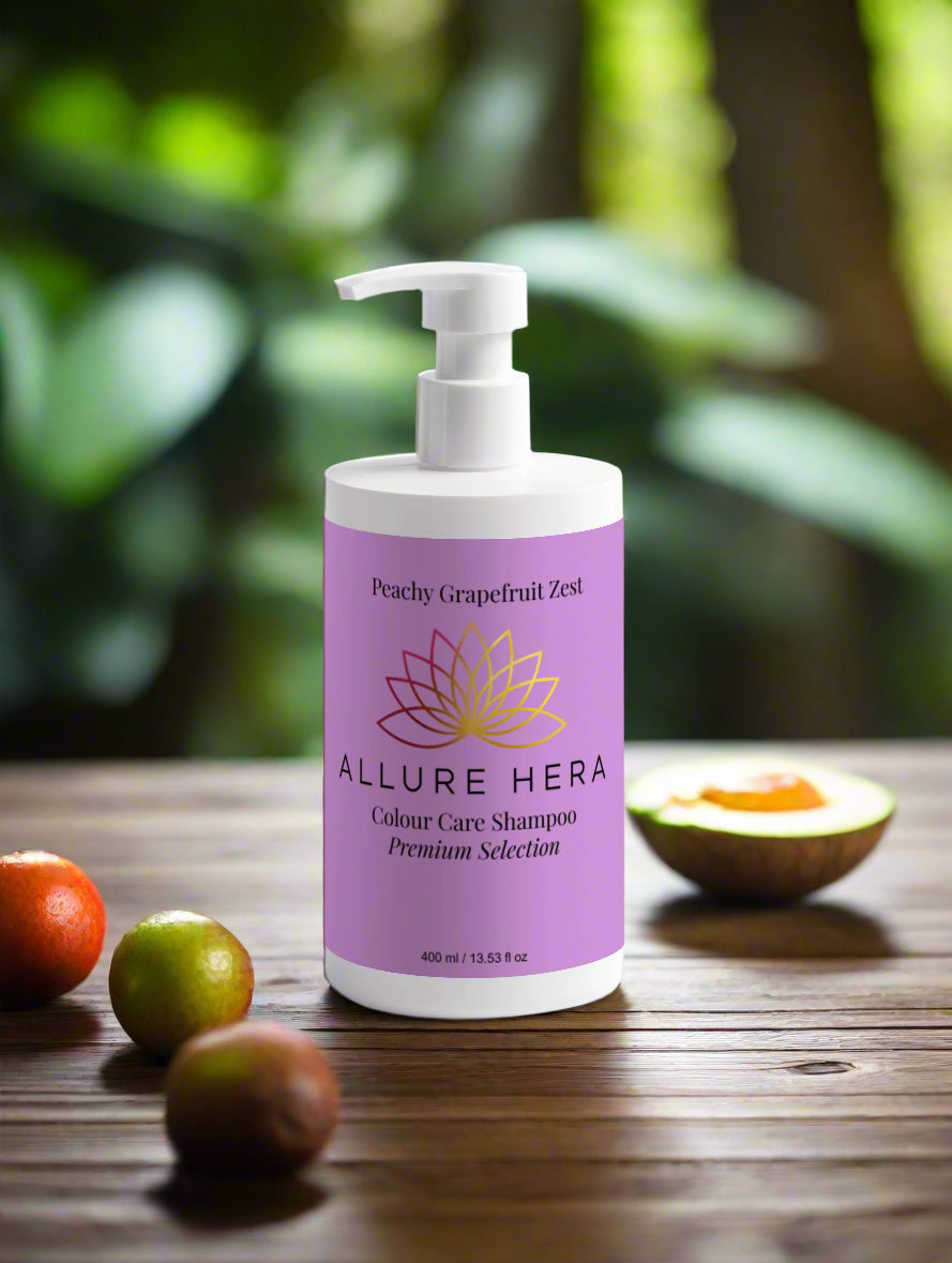 Allure Hera shampoo bottle with purple label on a white background