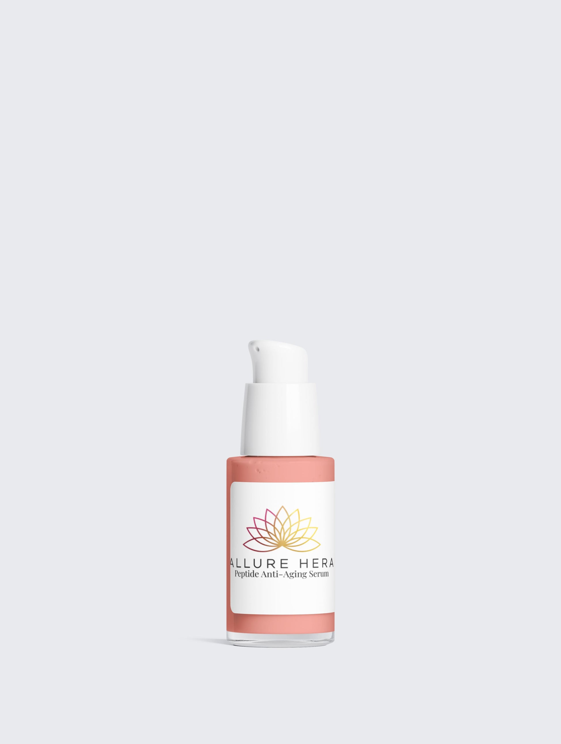 Skincare bottle with 'Allure Here' label on a light gray background