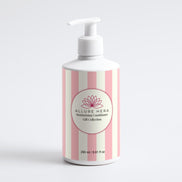 Bottle with pink and white striped design and visible brand logo on a white background