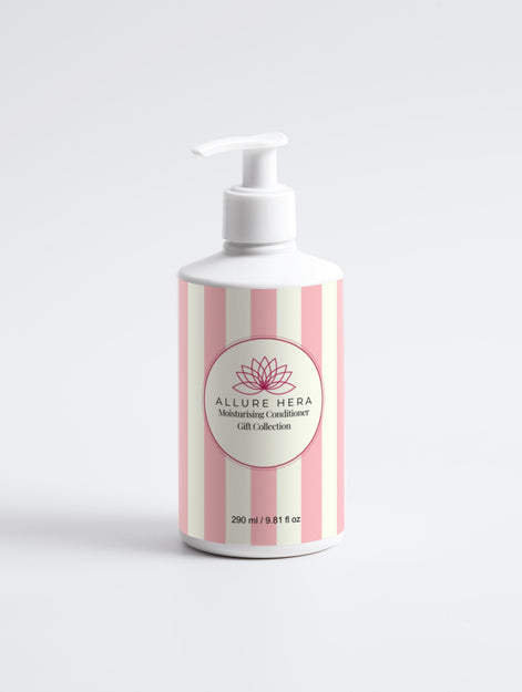 Bottle with pink and white striped design and visible brand logo on a white background